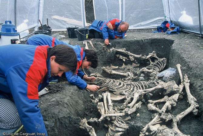 Fouille minutieuse d'une fosse contenant 8 chevaux datant de la fin de la période gauloise découverte à Orcet (Puy-De-Dôme) en 2002.      Les corps, déposés principalement sur le flanc droit, la tête tournée le plus souvent en direction du sud, sont juxtaposés en deux rangées de quatre. 