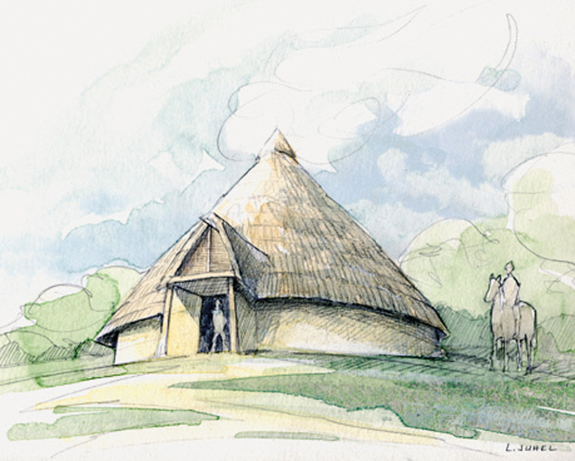Vue d'artiste restituant le volume d'une maison circulaire de l'âge du Bronze.  Les hypothèses de restitution du toit conique varient selon les auteurs ; certains le font reposer sur le sol.