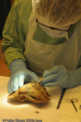Un médecin légiste nettoie un sac de toile contenant un cœur ayant appartenu au mari de Louise de Quengo, dont le corps a été découvert dans le couvent des Jacobine (Ile-et-Vilaine), 2015.  Le cœur sera ensuite radiographié par l’institut médico-légal du CHU de Rangueil à Toulouse.  