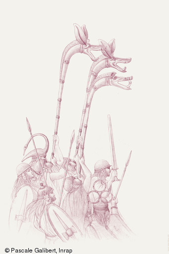 Groupe de guerriers gaulois. Les carnyx et casques présentés s'inspirent des découvertes archéologiques provenant du dépôt gaulois de Tintignac.