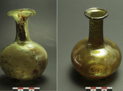 Ce type de flacon en verre fait figure d'incontournable de la verrerie des IVe et Ve siècles. En offrande funéraire, il est souvent associé au gobelet précédent. Comme lui, il est destiné au service de la boisson.