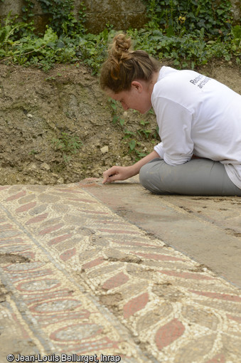Détail d'une mosaïque polychrome d'une domus de la seconde moitié du IVe s. de notre ère, en cours de fouille, Auch (Gers), 2017.