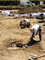 La partie fouillée de la production vinicole antique à Arbin (Savoie) correspond à l'extrémité sud-est d'un bâtiment du 1er au IVe siècle. Dégagement de deux calages de poteau axiale de 1 à 1,30 m de diamètre séparant l'espace du hangar en deux nefs. 