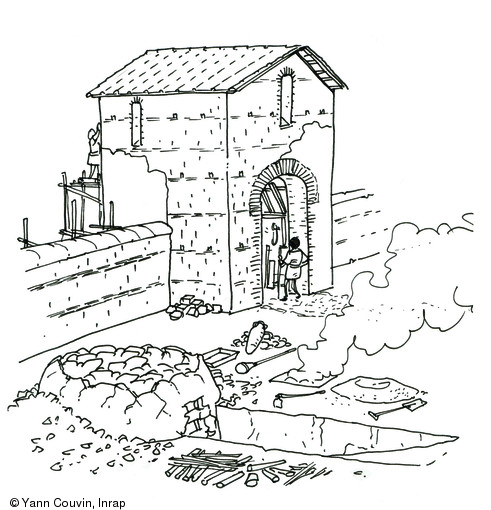 Détail du four à chaux et du porche en cours de construction. Proposition de restitution aux IIe-IIIe s. de notre ère, de la villa de Beaudisson, à Mer (Loir-et-Cher), 2011.